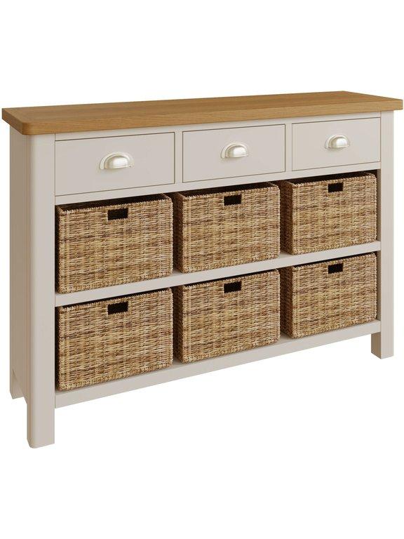 Rutland Painted Oak 3 Drawer 6 Wicker Basket Cabinet - The Furniture Warehouse