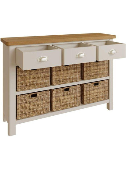 Rutland Painted Oak 3 Drawer 6 Wicker Basket Cabinet - The Furniture Warehouse