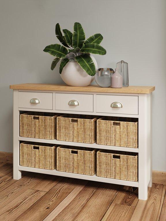 Rutland Painted Oak 3 Drawer 6 Wicker Basket Cabinet - The Furniture Warehouse