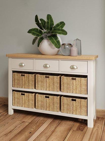 Rutland Painted Oak 3 Drawer 6 Wicker Basket Cabinet - The Furniture Warehouse