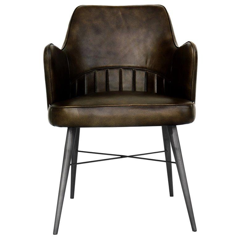 Shoreditch Industrial Walnut Brown High Back Leather &amp; Iron Dining Chair - The Furniture Warehouse
