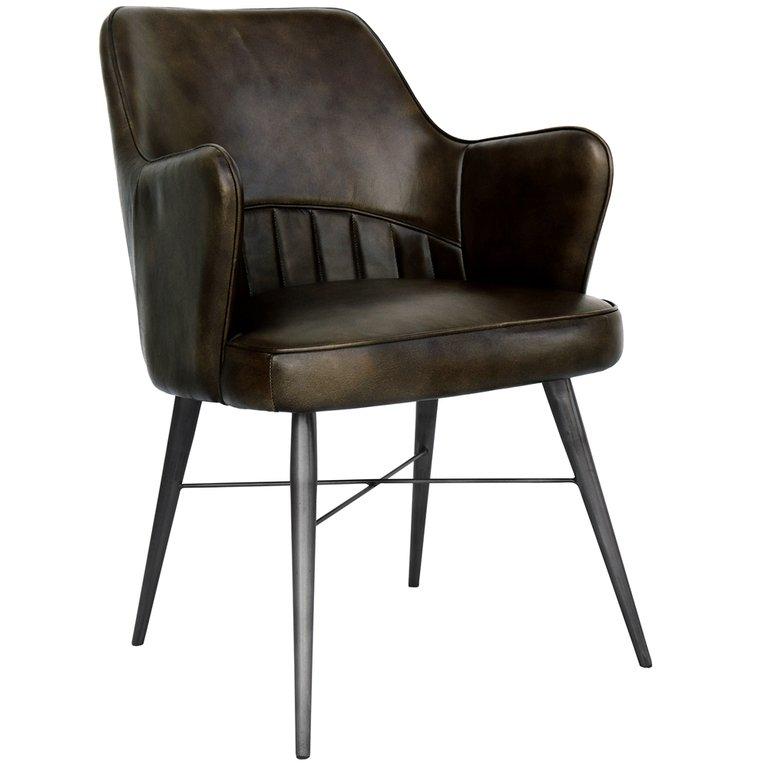 Shoreditch Industrial Walnut Brown High Back Leather &amp; Iron Dining Chair - The Furniture Warehouse