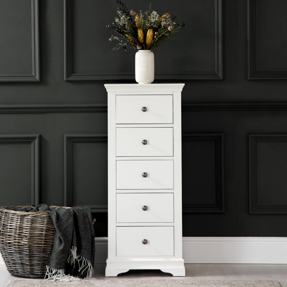 Florence White Painted 5 Drawer Tallboy