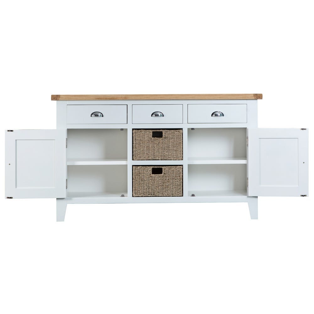 Suffolk White Painted Oak 2 Door Large Sideboard with Wicker Baskets