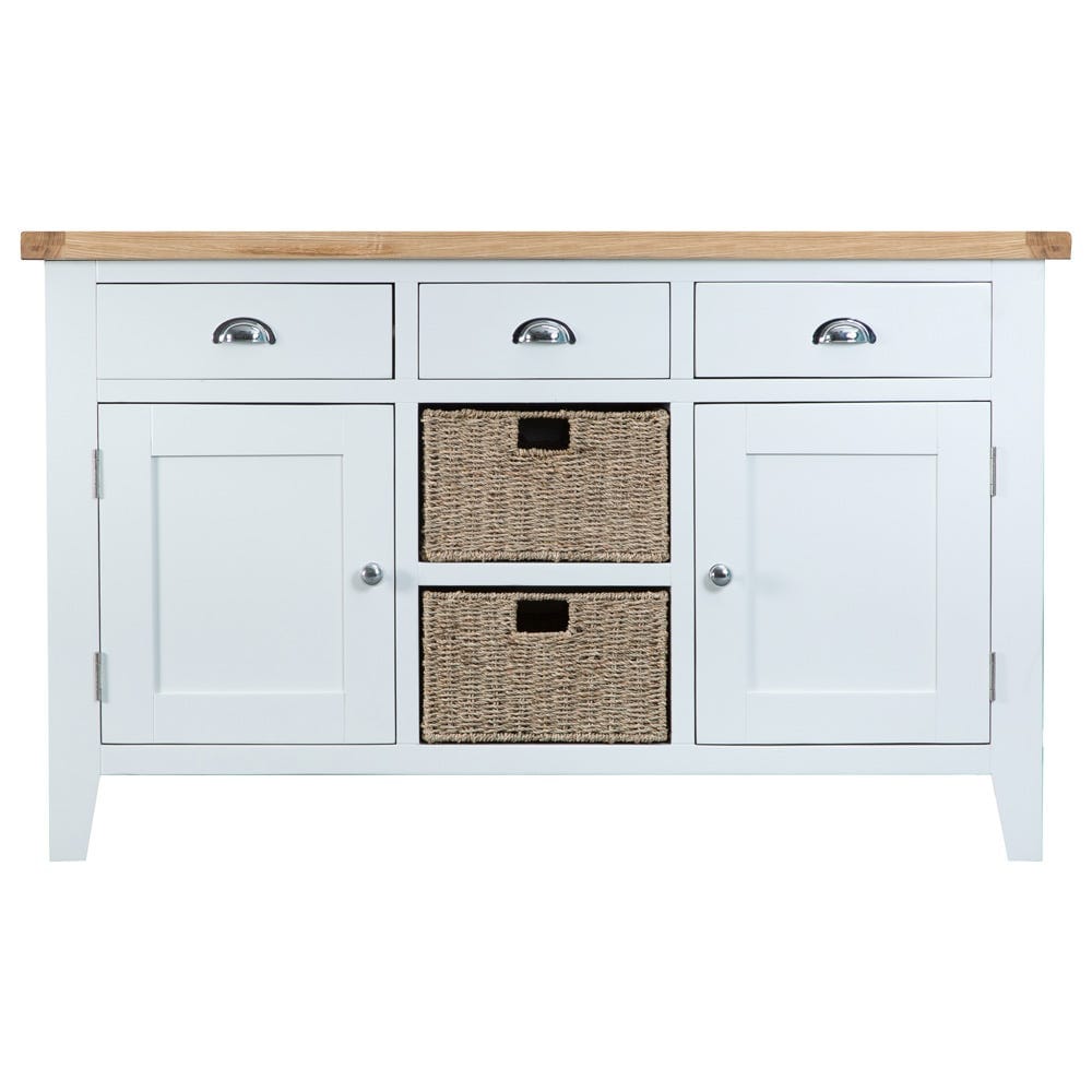 Suffolk White Painted Oak 2 Door Large Sideboard with Wicker Baskets