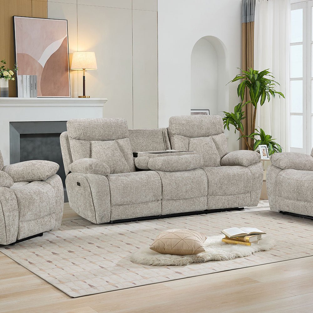 Venice Biscuit Power 3 Seater Sofa with Console - The Furniture Warehouse